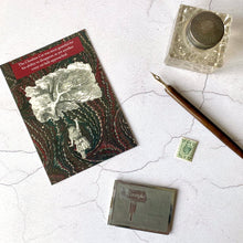 Load image into Gallery viewer, Crazy cat lady Alice In Wonderland meets the Cheshire Cat humour postcard.