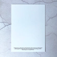 Load image into Gallery viewer, Crazy cat lady Alice In Wonderland meets the Cheshire Cat humour postcard.