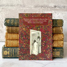 Load image into Gallery viewer, Jane Austen Sense and Sensibility humorous postcard for those who hate a cracked book spine featuring Marianne Dashwood.