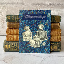 Load image into Gallery viewer, Jane Austen Pride and Prejudice vegan humour postcard.