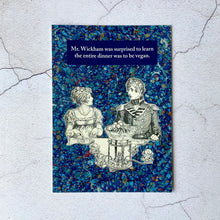 Load image into Gallery viewer, Jane Austen Pride and Prejudice vegan humour postcard.