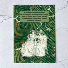 Load image into Gallery viewer, Sense and Sensibility humorous postcard featuring Jane Austen's characters Elinor & Marianne Dashwood.