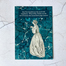 Load image into Gallery viewer, Jane Eyre book lender humour postcard.