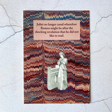 Load image into Gallery viewer, Juliet's disappointment with Romeo literary humour postcard.