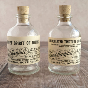 Small apothecary bottle featuring an original vintage label with a beautiful script design (Claud Manfull options)