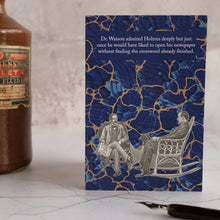 Load image into Gallery viewer, Blue background Sherlock Holmes & Dr Watson newspaper crossword card.
