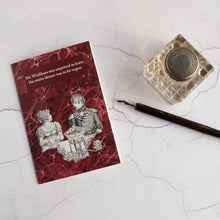Load image into Gallery viewer, Mr. Wickham was surprised to learn the entire dinner was to be vegan. Card beside glass inkwell and a dip pen.
