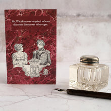 Load image into Gallery viewer, Vegan humour card featuring Jane Austen's Elizabeth Bennet & Mr. Wickham.