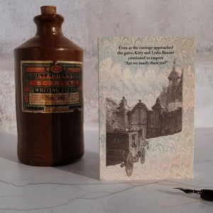 Stone ink bottle with a humorous card with characters from Pride and Prejudice.