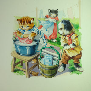 Original children's book illustration painting of cats and dogs.