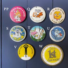 Load image into Gallery viewer, Vintage book and library themed badges.  Selection of different designs to choose from, mainly from the 1980s.