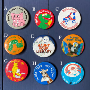 Vintage book and library themed badges.  Selection of different designs to choose from, mainly from the 1980s.