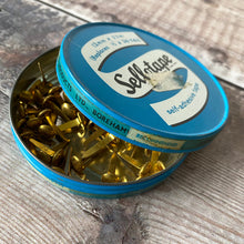 Load image into Gallery viewer, Vintage Sellotape tin filled with brass paper fasteners.