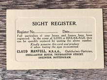 Load image into Gallery viewer, Sight Register card from an early 20th century Optician