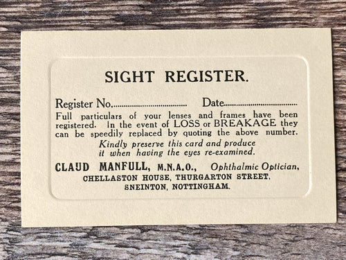 Sight Register card from an early 20th century Optician