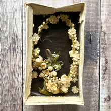 Load image into Gallery viewer, Vintage wax flower bridal headpiece or tiara in a Lyons Nippy Chocolates box