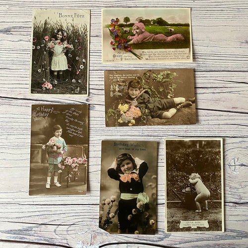 SALE Postcards (vintage used x 6) inc birthday, baby etc (early 20th century)