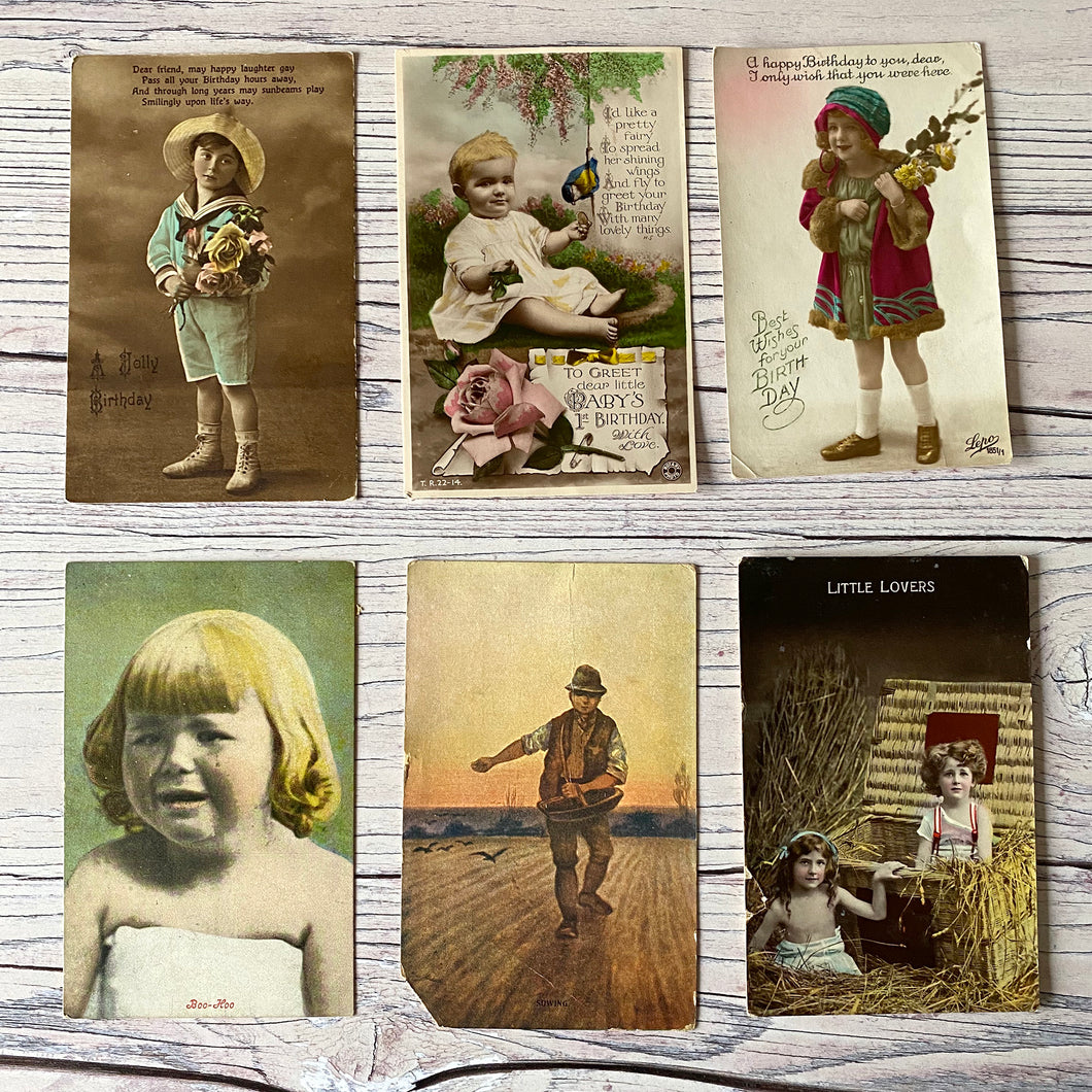 SALE Postcards (vintage used x 6) inc birthday, baby etc (early 20th century)