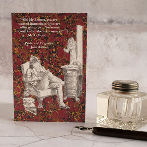 Pride and Prejudice quotation on red background card with glass inkwell and dip pen.