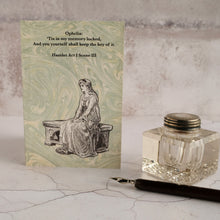Load image into Gallery viewer, Hamlet quote Shakespeare card with glass inkwell and dip pen.