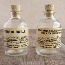 Load image into Gallery viewer, Small apothecary bottle featuring an original vintage label with a beautiful script design (Claud Manfull options)