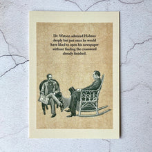Load image into Gallery viewer, Sherlock Holmes and Doctor Watson crossword puzzle humour postcard.