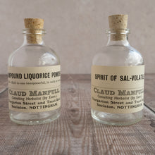Load image into Gallery viewer, Apothecary bottle (small) featuring an original vintage label (Claud Manfull block lettering options)