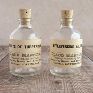 Apothecary bottle (small) featuring an original vintage label (Claud Manfull block lettering options)