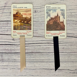 Early 1950s repurposed card game bookmarks. Famous Cities.
