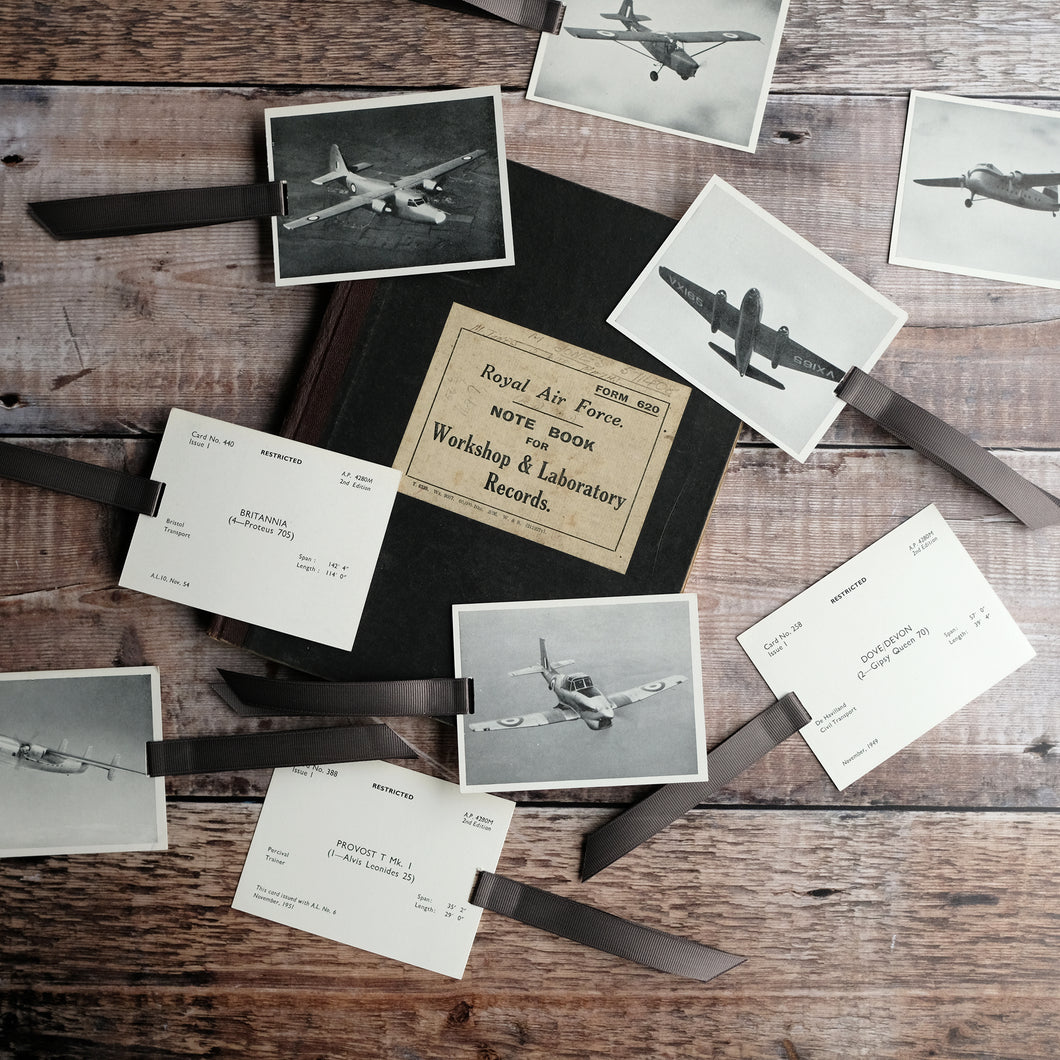 Aircraft recognition card bookmark.  Photograph, grey designs.